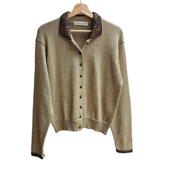Beaded Collar Metallic Cardigan Sweater Button Front Size M Wool Blend - Picture 1 of 12